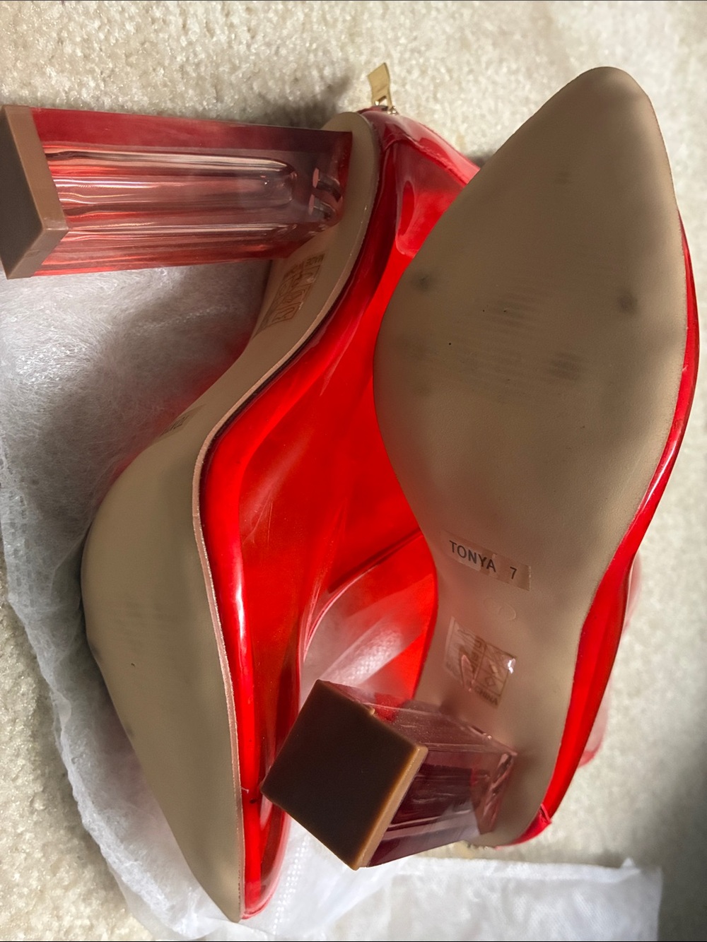 Fashion Nova Red Transparent Pointed-Toe Ankle Boots with Clear Block Heel - Picture 4 of 7
